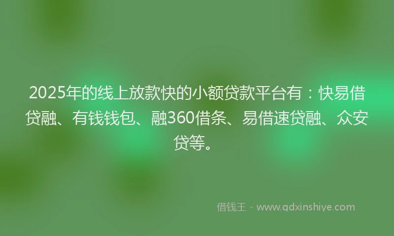 2025年的线上放款快的小额贷款平台有：快易借贷融、有钱钱包、融360借条、易借速贷融、众安贷等。