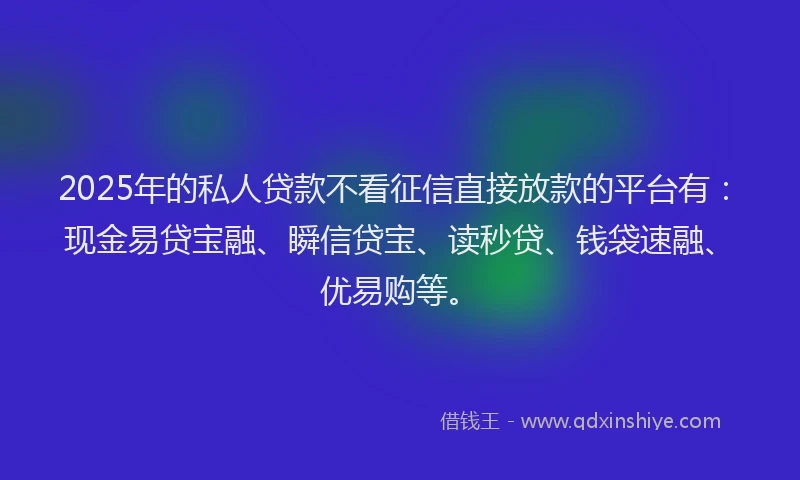 2025年的私人贷款不看征信直接放款的平台有：现金易贷宝融、瞬信贷宝、读秒贷、钱袋速融、优易购等。