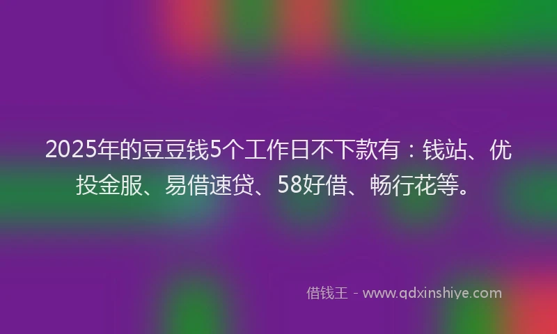 2025年的豆豆钱5个工作日不下款有：钱站、优投金服、易借速贷、58好借、畅行花等。