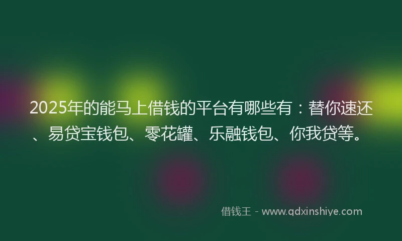 2025年的能马上借钱的平台有哪些有：替你速还、易贷宝钱包、零花罐、乐融钱包、你我贷等。