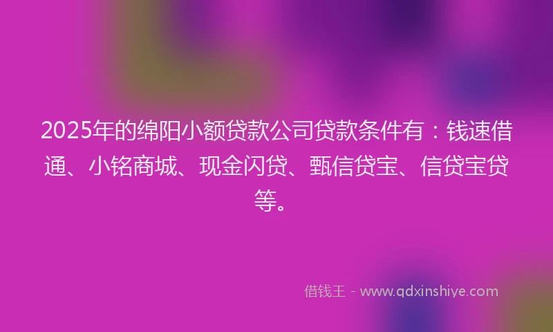 2025年的绵阳小额贷款公司贷款条件有：钱速借通、小铭商城、现金闪贷、甄信贷宝、信贷宝贷等。