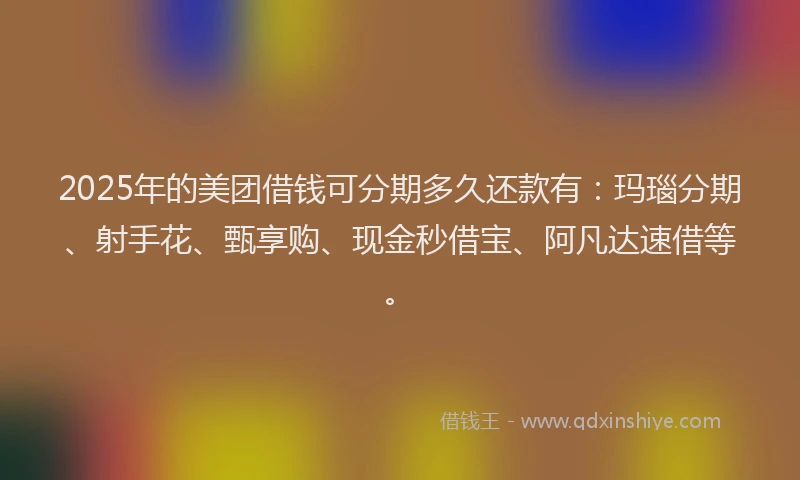 2025年的美团借钱可分期多久还款有：玛瑙分期、射手花、甄享购、现金秒借宝、阿凡达速借等。