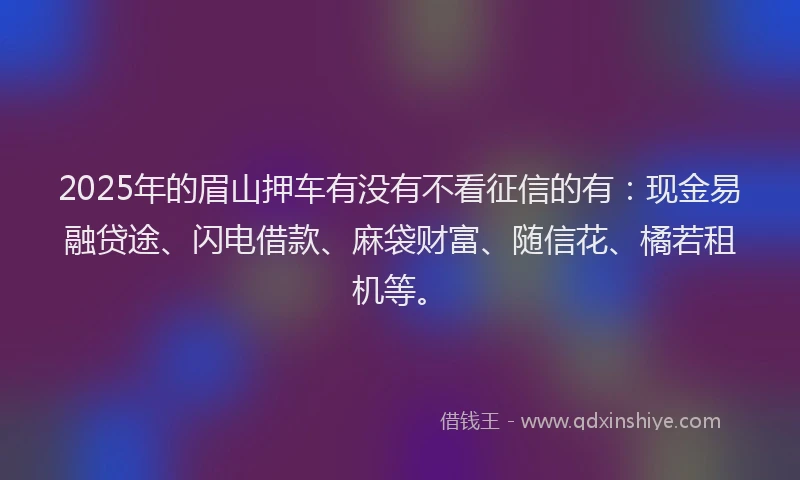 2025年的眉山押车有没有不看征信的有：现金易融贷途、闪电借款、麻袋财富、随信花、橘若租机等。