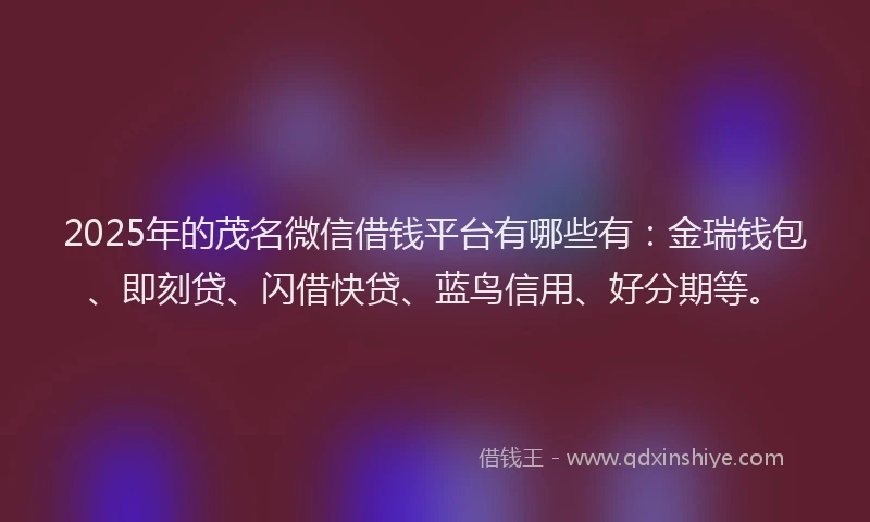 2025年的茂名微信借钱平台有哪些有：金瑞钱包、即刻贷、闪借快贷、蓝鸟信用、好分期等。