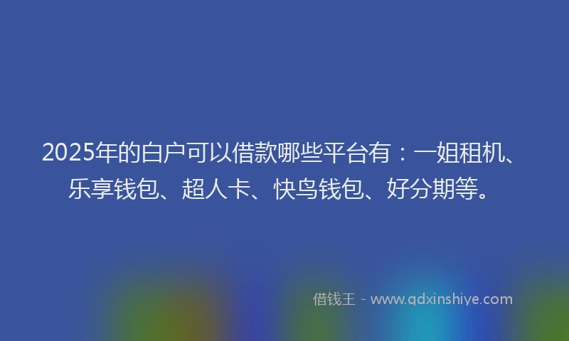 2025年的白户可以借款哪些平台有：一姐租机、乐享钱包、超人卡、快鸟钱包、好分期等。
