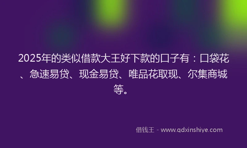 2025年的类似借款大王好下款的口子有：口袋花、急速易贷、现金易贷、唯品花取现、尔集商城等。