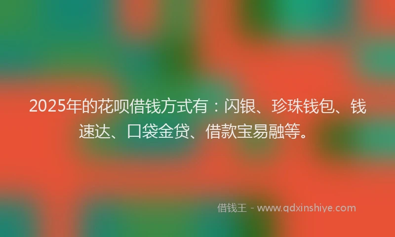 2025年的花呗借钱方式有：闪银、珍珠钱包、钱速达、口袋金贷、借款宝易融等。