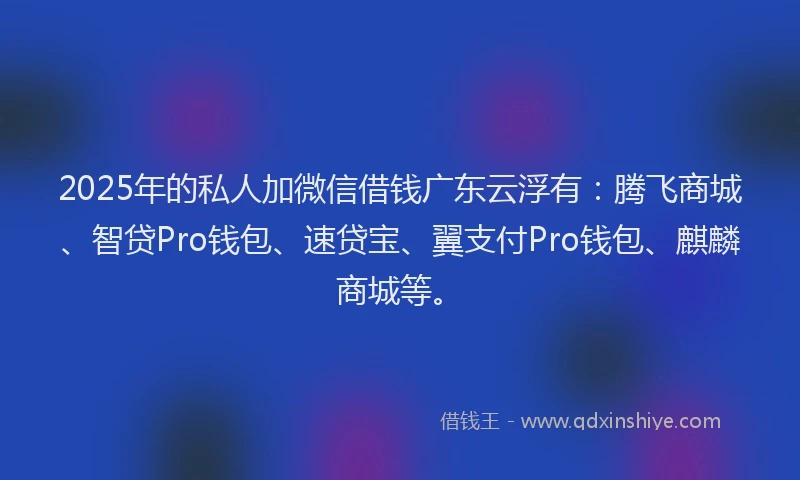 2025年的私人加微信借钱广东云浮有：腾飞商城、智贷Pro钱包、速贷宝、翼支付Pro钱包、麒麟商城等。