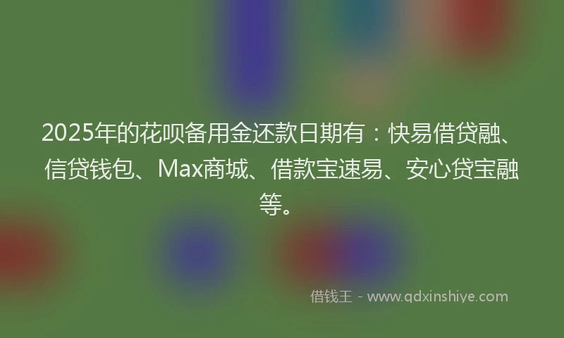 2025年的花呗备用金还款日期有：快易借贷融、信贷钱包、Max商城、借款宝速易、安心贷宝融等。