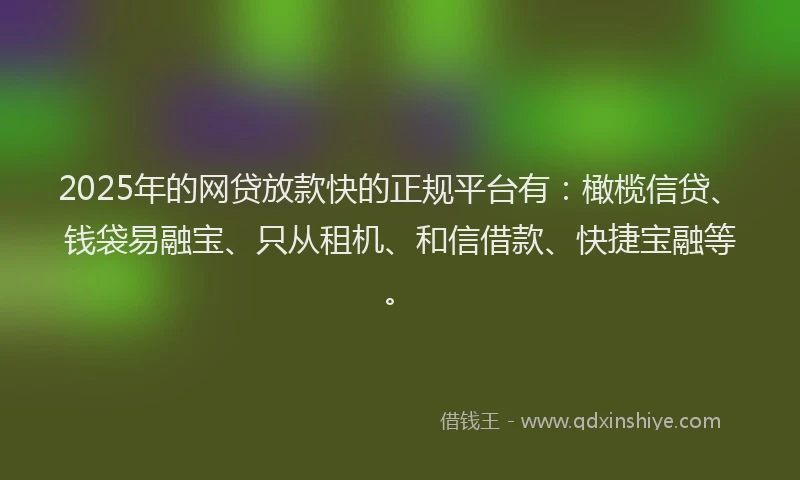 2025年的网贷放款快的正规平台有：橄榄信贷、钱袋易融宝、只从租机、和信借款、快捷宝融等。