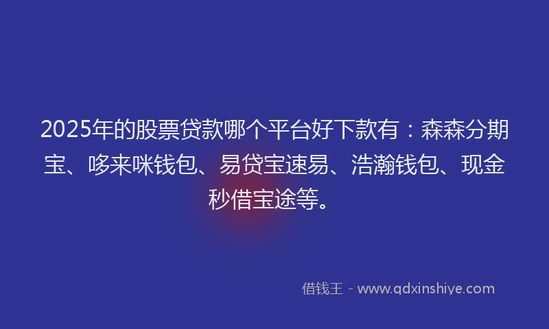 2025年的股票贷款哪个平台好下款有：森森分期宝、哆来咪钱包、易贷宝速易、浩瀚钱包、现金秒借宝途等。
