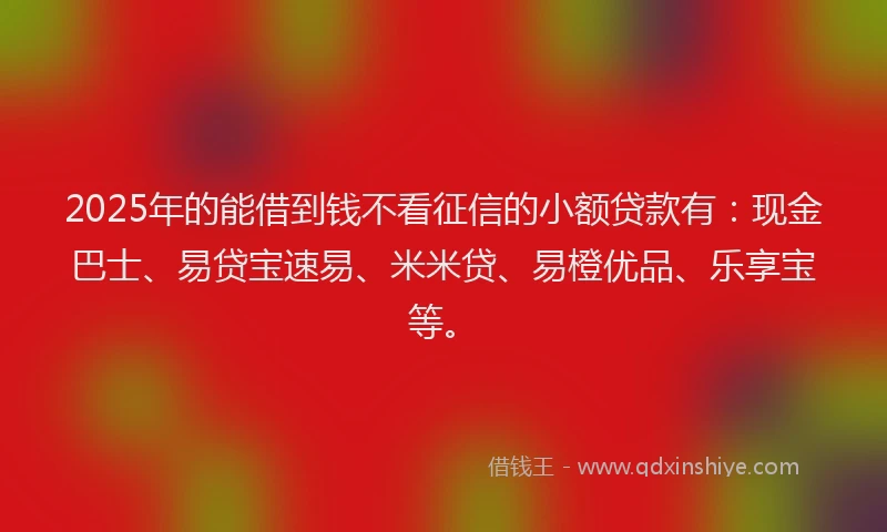 2025年的能借到钱不看征信的小额贷款有：现金巴士、易贷宝速易、米米贷、易橙优品、乐享宝等。