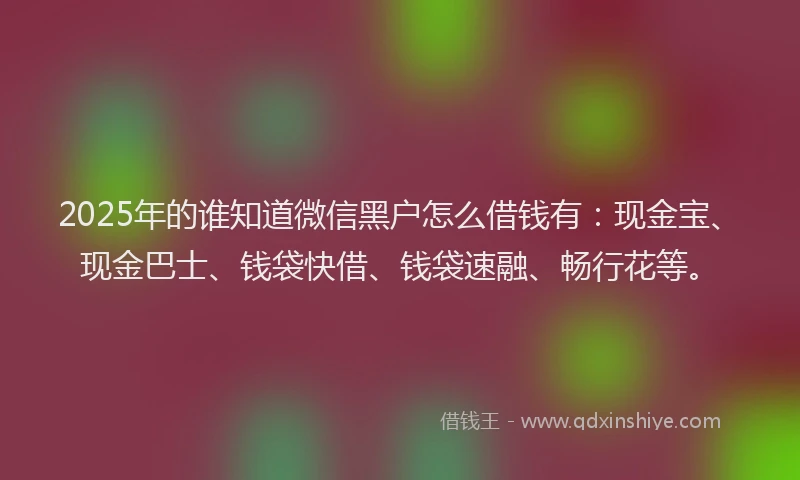 2025年的谁知道微信黑户怎么借钱有：现金宝、现金巴士、钱袋快借、钱袋速融、畅行花等。