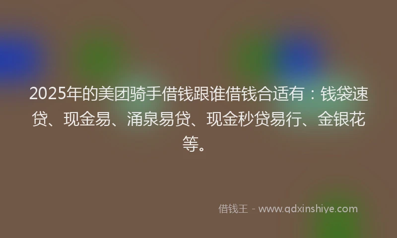 2025年的美团骑手借钱跟谁借钱合适有：钱袋速贷、现金易、涌泉易贷、现金秒贷易行、金银花等。