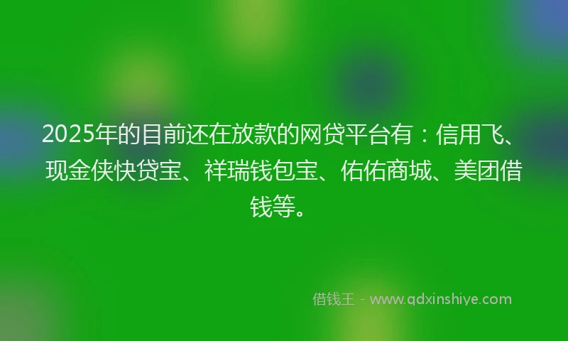 2025年的目前还在放款的网贷平台有：信用飞、现金侠快贷宝、祥瑞钱包宝、佑佑商城、美团借钱等。