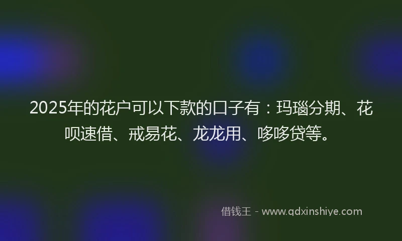 2025年的花户可以下款的口子有：玛瑙分期、花呗速借、戒易花、龙龙用、哆哆贷等。