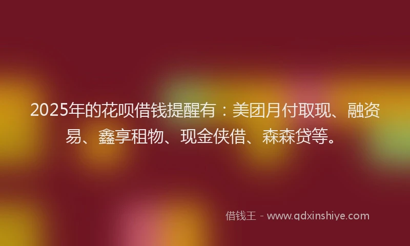 2025年的花呗借钱提醒有：美团月付取现、融资易、鑫享租物、现金侠借、森森贷等。