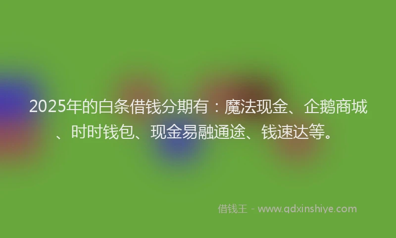 2025年的白条借钱分期有：魔法现金、企鹅商城、时时钱包、现金易融通途、钱速达等。