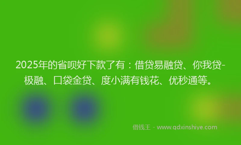 2025年的省呗好下款了有：借贷易融贷、你我贷-极融、口袋金贷、度小满有钱花、优秒通等。