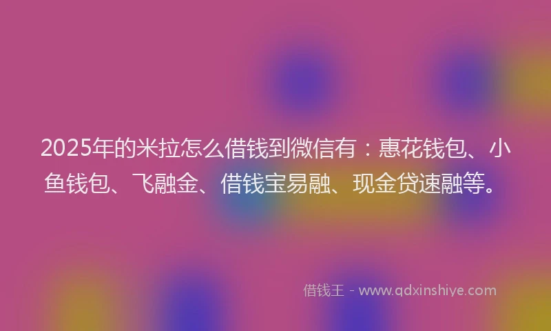 2025年的米拉怎么借钱到微信有：惠花钱包、小鱼钱包、飞融金、借钱宝易融、现金贷速融等。