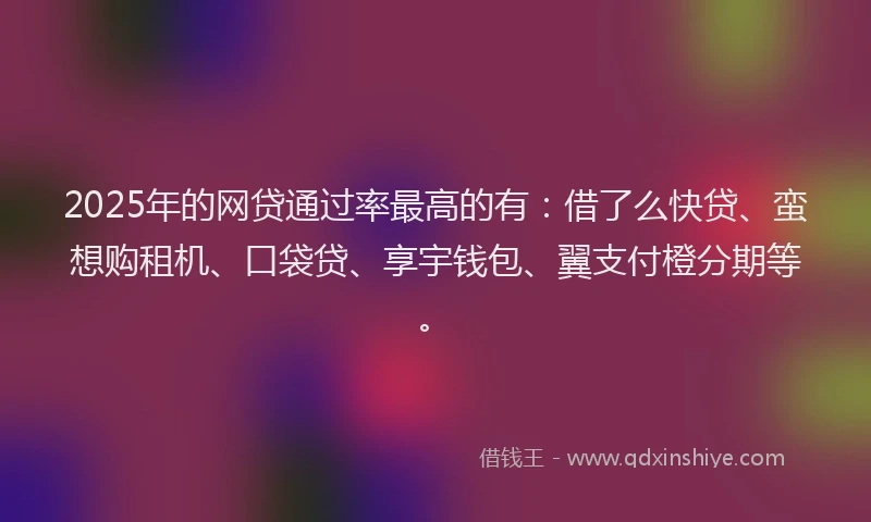 2025年的网贷通过率最高的有：借了么快贷、蛮想购租机、口袋贷、享宇钱包、翼支付橙分期等。