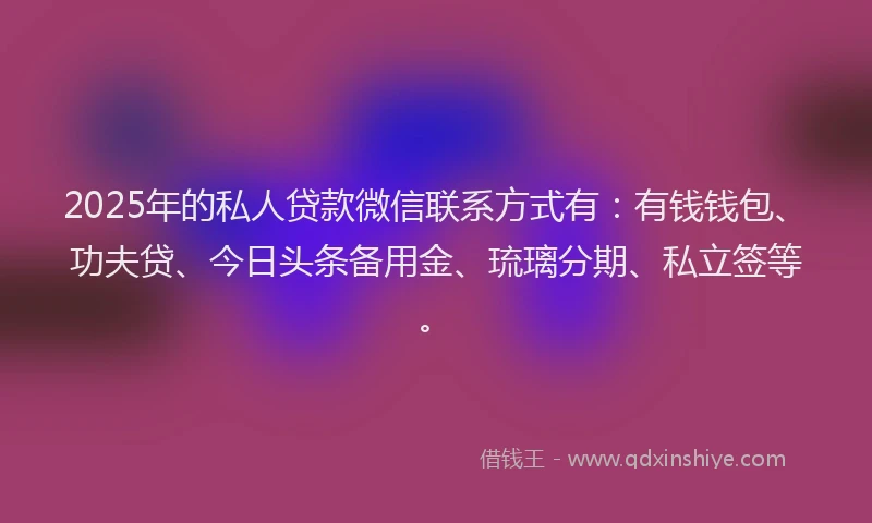 2025年的私人贷款微信联系方式有：有钱钱包、功夫贷、今日头条备用金、琉璃分期、私立签等。