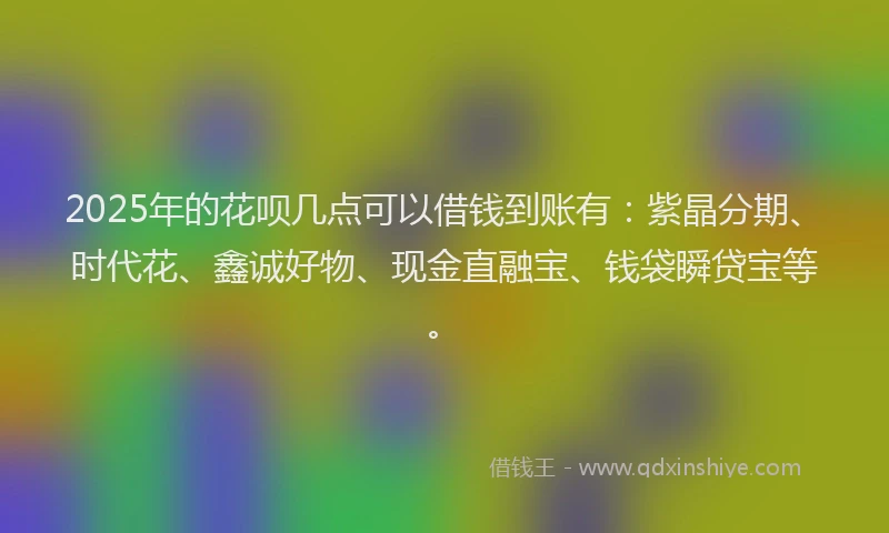 2025年的花呗几点可以借钱到账有：紫晶分期、时代花、鑫诚好物、现金直融宝、钱袋瞬贷宝等。