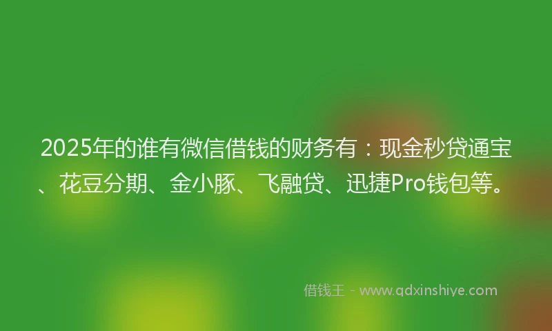 2025年的谁有微信借钱的财务有：现金秒贷通宝、花豆分期、金小豚、飞融贷、迅捷Pro钱包等。