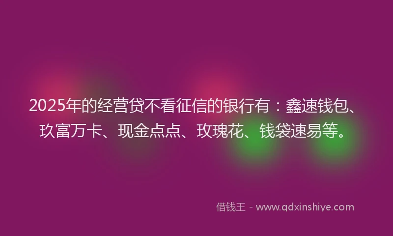2025年的经营贷不看征信的银行有：鑫速钱包、玖富万卡、现金点点、玫瑰花、钱袋速易等。