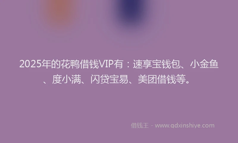 2025年的花鸭借钱VIP有：速享宝钱包、小金鱼、度小满、闪贷宝易、美团借钱等。