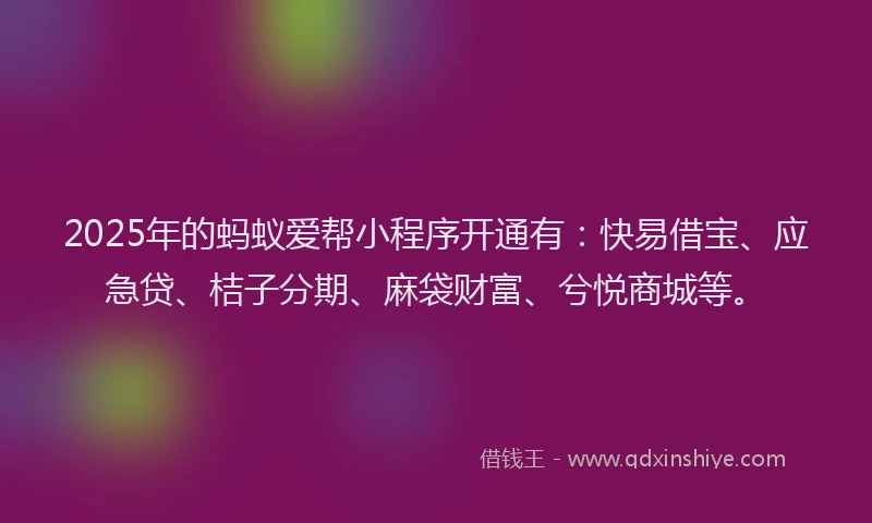 2025年的蚂蚁爱帮小程序开通有：快易借宝、应急贷、桔子分期、麻袋财富、兮悦商城等。