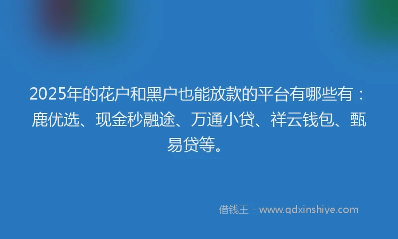 2025年的花户和黑户也能放款的平台有哪些有：鹿优选、现金秒融途、万通小贷、祥云钱包、甄易贷等。
