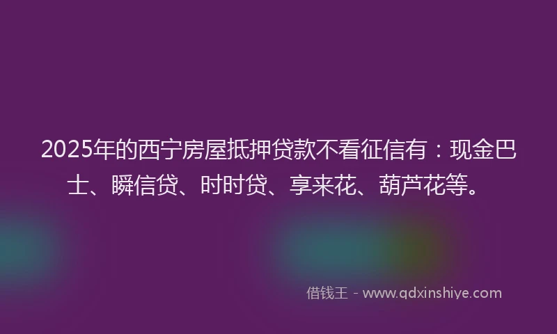 2025年的西宁房屋抵押贷款不看征信有：现金巴士、瞬信贷、时时贷、享来花、葫芦花等。