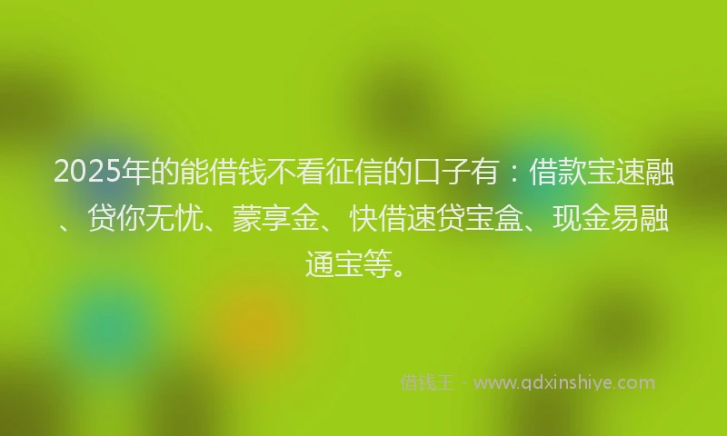 2025年的能借钱不看征信的口子有：借款宝速融、贷你无忧、蒙享金、快借速贷宝盒、现金易融通宝等。