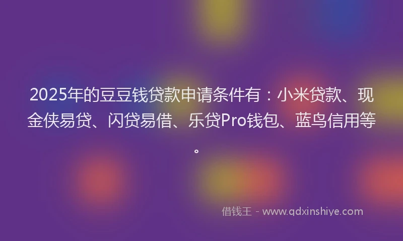 2025年的豆豆钱贷款申请条件有：小米贷款、现金侠易贷、闪贷易借、乐贷Pro钱包、蓝鸟信用等。