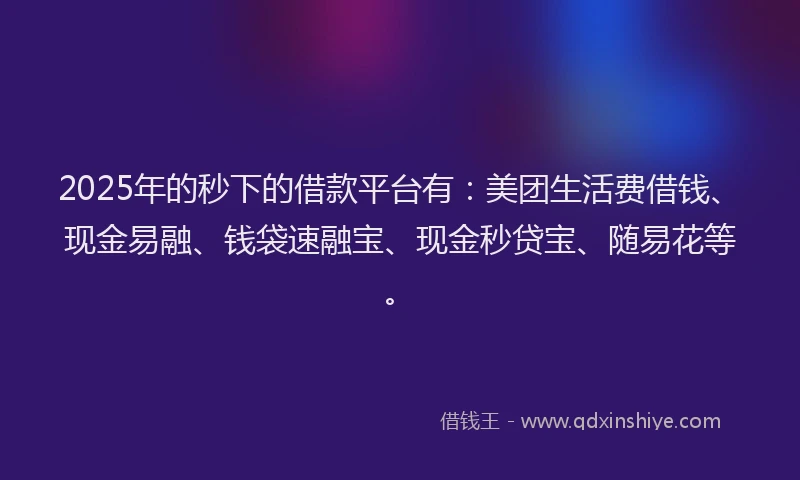 2025年的秒下的借款平台有：美团生活费借钱、现金易融、钱袋速融宝、现金秒贷宝、随易花等。