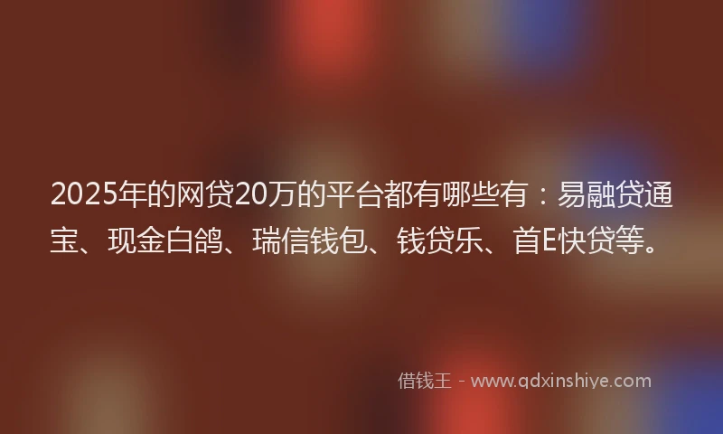 2025年的网贷20万的平台都有哪些有：易融贷通宝、现金白鸽、瑞信钱包、钱贷乐、首E快贷等。