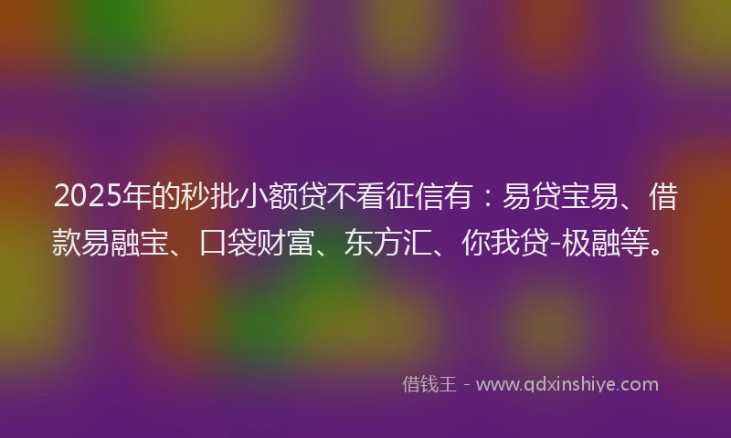 2025年的秒批小额贷不看征信有：易贷宝易、借款易融宝、口袋财富、东方汇、你我贷-极融等。