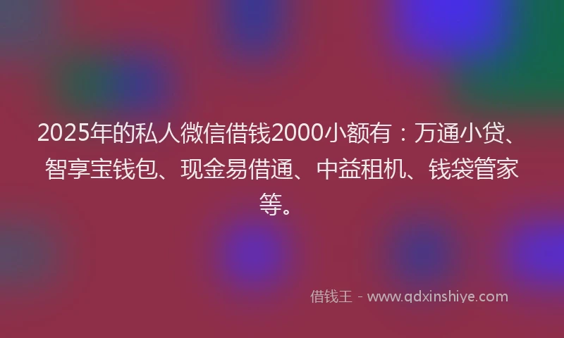 2025年的私人微信借钱2000小额有：万通小贷、智享宝钱包、现金易借通、中益租机、钱袋管家等。