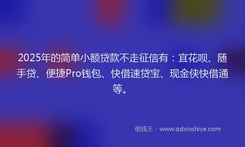 2025年的简单小额贷款不走征信有：宜花呗、随手贷、便捷Pro钱包、快借速贷宝、现金侠快借通等。
