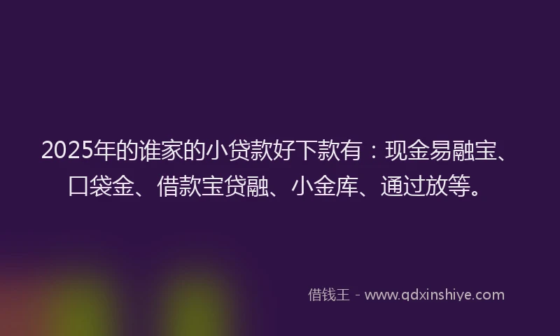 2025年的谁家的小贷款好下款有：现金易融宝、口袋金、借款宝贷融、小金库、通过放等。