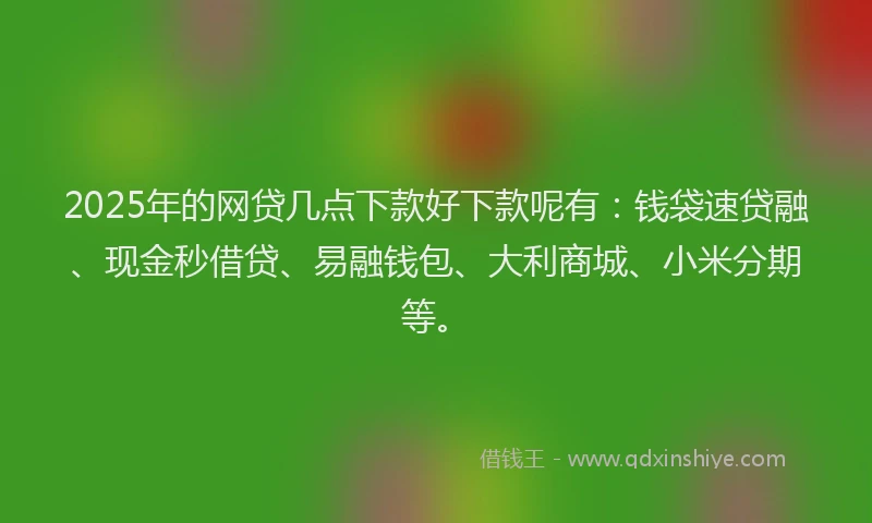 2025年的网贷几点下款好下款呢有：钱袋速贷融、现金秒借贷、易融钱包、大利商城、小米分期等。