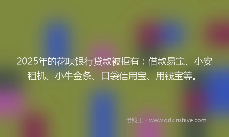 2025年的花呗银行贷款被拒有：借款易宝、小安租机、小牛金条、口袋信用宝、用钱宝等。