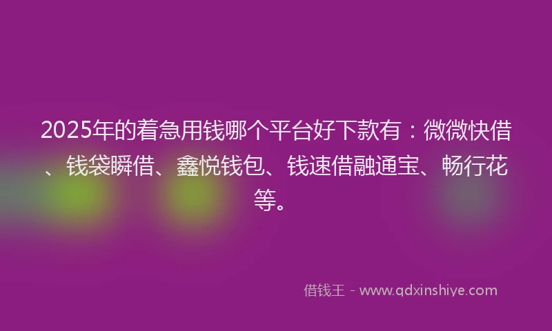 2025年的着急用钱哪个平台好下款有：微微快借、钱袋瞬借、鑫悦钱包、钱速借融通宝、畅行花等。