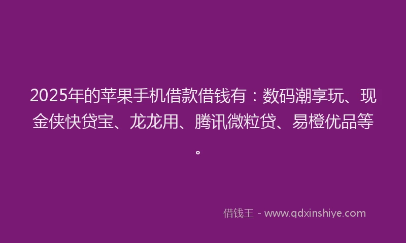 2025年的苹果手机借款借钱有：数码潮享玩、现金侠快贷宝、龙龙用、腾讯微粒贷、易橙优品等。