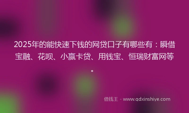 2025年的能快速下钱的网贷口子有哪些有：瞬借宝融、花呗、小赢卡贷、用钱宝、恒瑞财富网等。