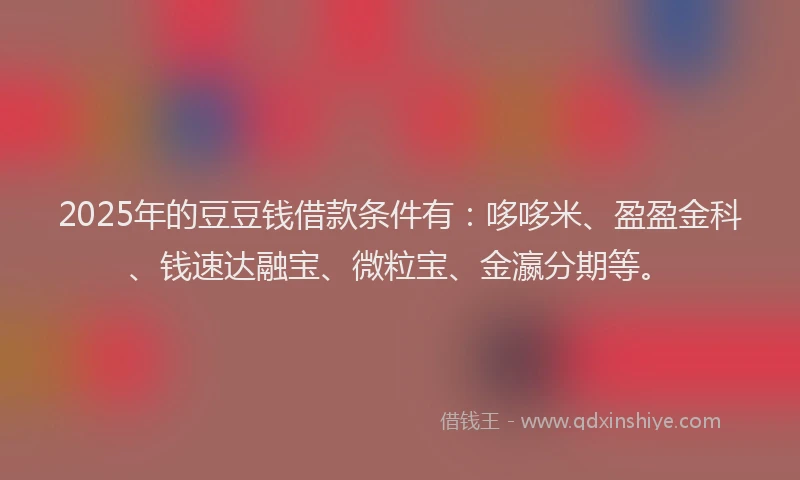 2025年的豆豆钱借款条件有：哆哆米、盈盈金科、钱速达融宝、微粒宝、金瀛分期等。