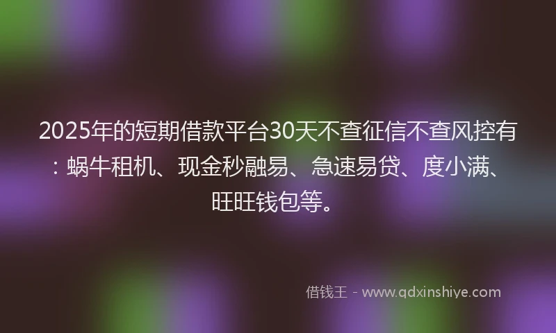 2025年的短期借款平台30天不查征信不查风控有：蜗牛租机、现金秒融易、急速易贷、度小满、旺旺钱包等。