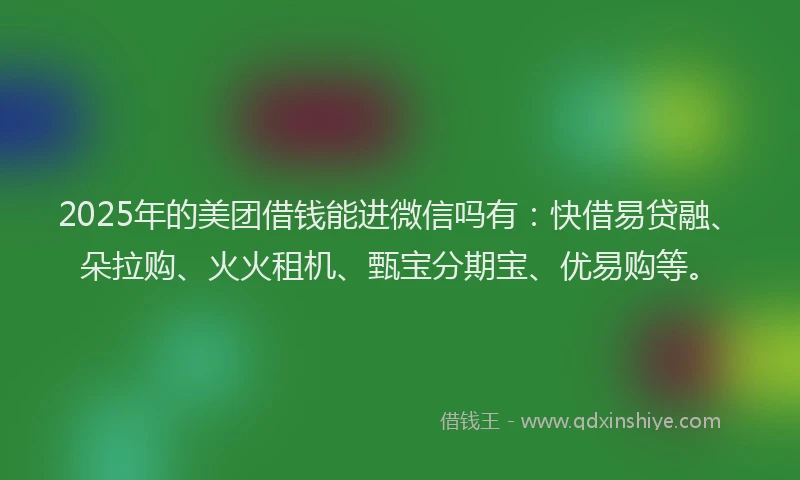 2025年的美团借钱能进微信吗有：快借易贷融、朵拉购、火火租机、甄宝分期宝、优易购等。
