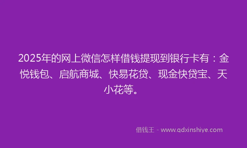 2025年的网上微信怎样借钱提现到银行卡有：金悦钱包、启航商城、快易花贷、现金快贷宝、天小花等。